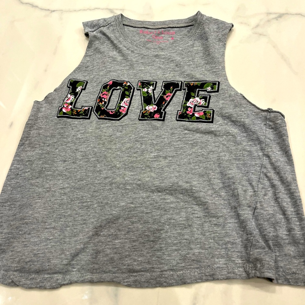 Gray sleeveless top with floral “LOVE” imprinted!